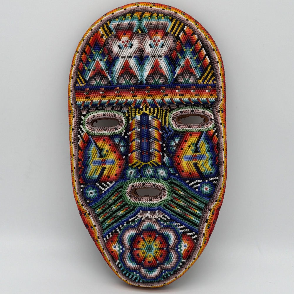 Vintage Mexican Huichol Beaded Mask Hand Carved Wood Wixarika Folk Art 11"